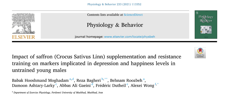Academic paper header from Physiology & Behavior journal showing a study on the impact of saffron supplementation on depression and happiness in untrained young males. 生理学与行为学杂志上的学术论文标题，展示了一项关于藏红花补充对未经训练的年轻男性在抑郁和幸福感方面影响的研究。