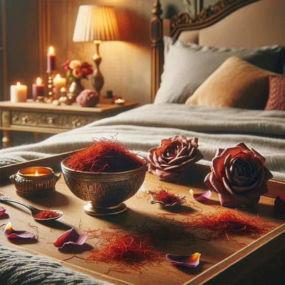 Intimate bedroom setting with a wooden tray holding a bowl of saffron threads, surrounded by candles, roses, and a cozy ambiance to represent the spice's health benefits. 温馨的卧室环境，木托盘上放着一碗藏红花丝，周围摆放着蜡烛、玫瑰，营造出舒适的氛围，体现了香料对健康的益处。
