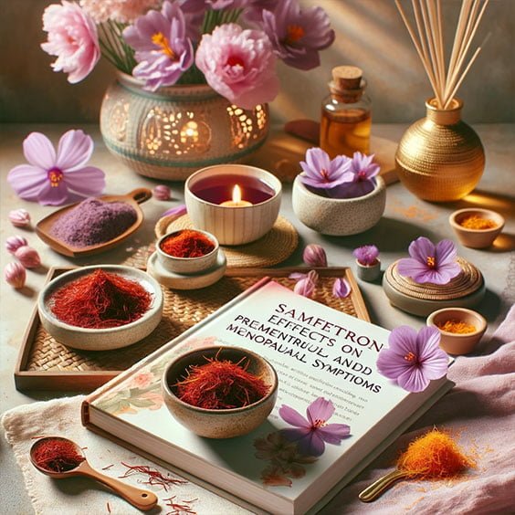 A tranquil wellness setup featuring Almasi Aroma Saffron with a book on saffron's benefits for premenstrual and menopausal symptoms, surrounded by soothing candles, flowers, and essential oils. 宁静的健康设施，以 Almasi Aroma 藏红花为特色，配有一本关于藏红花对经前和更年期症状的益处的书，周围环绕着舒缓的蜡烛、鲜花和精油。