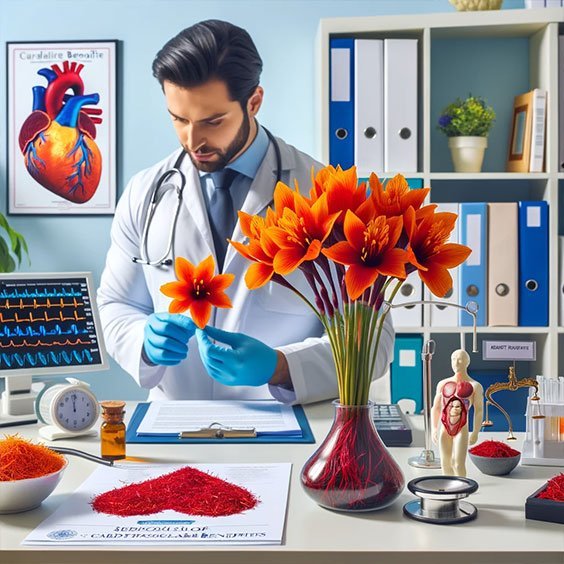 Healthcare professional examines saffron's cardiovascular effects in a clinical setting, with Almasi Aroma Saffron illustrating heart health benefits. 医疗保健专业人员在临床环境中研究藏红花对心血管的影响，Almasi Aroma 藏红花展示了对心脏健康的好处