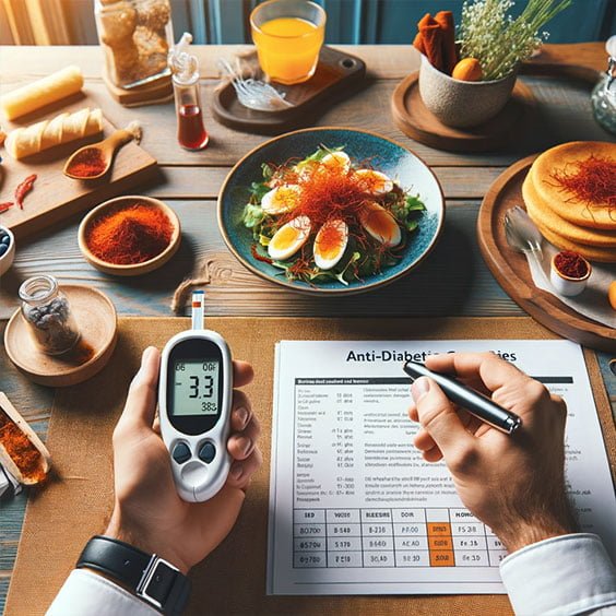 Health-conscious individual checking blood glucose levels with a glucometer beside a healthy meal garnished with saffron, indicative of the anti diabetic properties of saffron. 注重健康的个人正餐旁摆放着撒有藏红花的健康餐食，旁边还有血糖仪正在检测血糖水平，画面暗示藏红花具有调节血糖的潜在功效