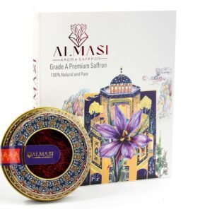 Premium Grade A saffron in a decorative tin container with an intricate blue and gold pattern, alongside a box with a vibrant illustration of a saffron crocus flower and a Persian-style building. 1g Saffron or 1 gram Super Negin Saffron 高级A级藏红花装在一个装饰性锡制容器中，容器上有复杂的蓝金图案，旁边是一个盒子，上面有一个生动的藏红花花和波斯风格建筑的插图。1克藏红花或1克超级尼甘藏红花